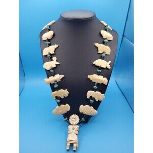 Vintage Zuni White Stone Animal Fetish Native American Long Turquoise Necklace